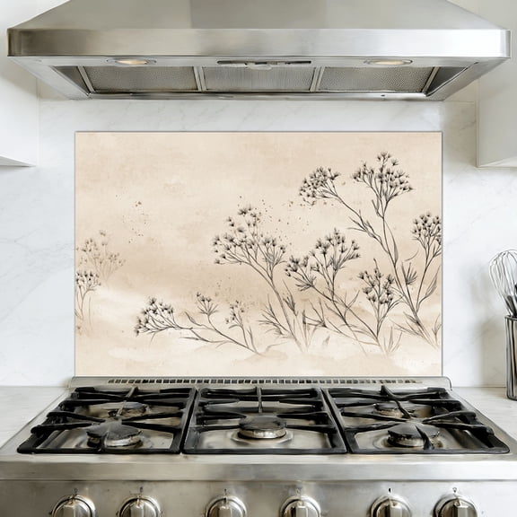 Kitchen Backsplash Peel and Stick Wall Murals Elegant Floral Pen Ink Art Soft Ambient Light Serene Style Removable Mural 35.4"W x 23.6"H, Oil Proof Vinyl Wallpaper for Fireplace & Behind Stove