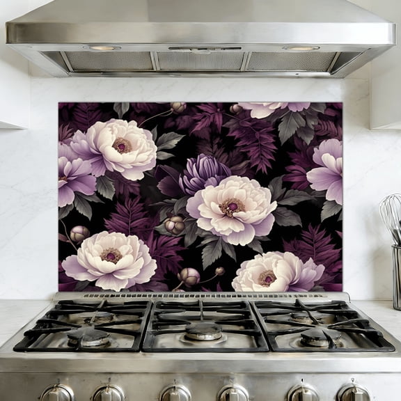 Kitchen Backsplash Peel and Stick Wall Murals Elegant Purple White Floral Peonies Leaves Black romantic Removable Mural 35.4"W x 23.6"H, Oil Proof Vinyl Wallpaper for Fireplace & Behind Stove