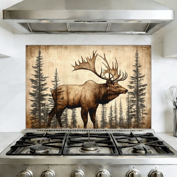 Kitchen Backsplash Peel and Stick Wall Murals Elk Animal Hunting Theme Farmhouse Rustic Vintage Bear Trees Removable Mural 35.4"W x 23.6"H, Oil Proof Vinyl Wallpaper for Fireplace & Behind Stove