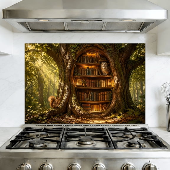 Kitchen Backsplash Peel and Stick Wall Murals Ethereal Light Bookcase Ancient Tree Removable Mural 35.4"W x 23.6"H, Oil Proof Vinyl Wallpaper for Fireplace & Behind Stove
