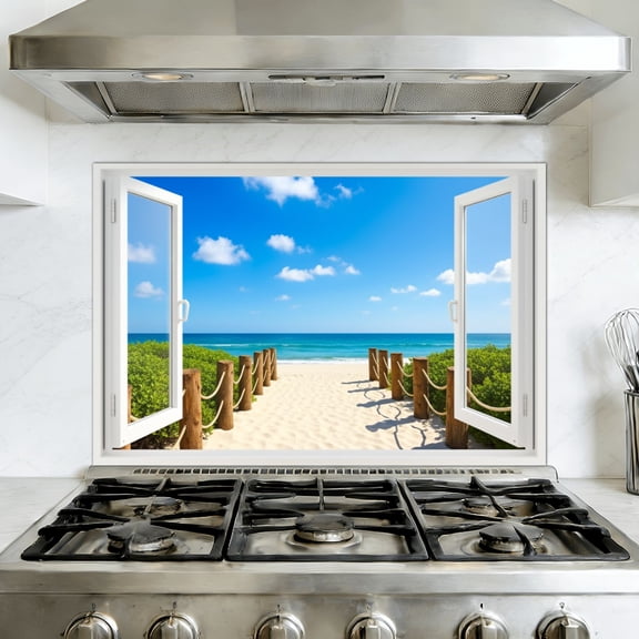 Kitchen Backsplash Peel and Stick Wall Murals Fake Window Beach Ocean View Pathway Mural Open White Window Removable Mural 35.4"W x 23.6"H, Oil Proof Vinyl Wallpaper for Fireplace & Behind Stove