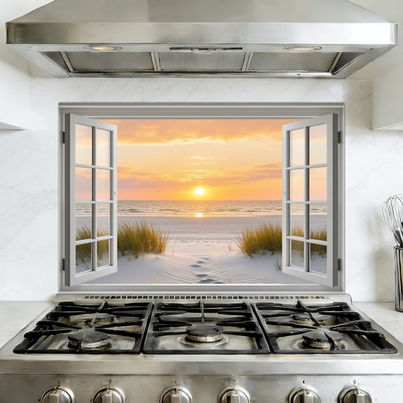 Kitchen Backsplash Peel and Stick Wall Murals Fake Window Coastal Open Window View Sunset Beach Scene Natural Removable Mural 35.4"W x 23.6"H, Oil Proof Vinyl Wallpaper for Fireplace & Behind Stove