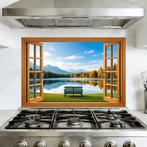 Kitchen Backsplash Peel and Stick Wall Murals Fake Window Faux Decal Open Window Nature Riverside Removable Mural 35.4"W x 23.6"H, Oil Proof Vinyl Wallpaper for Fireplace & Behind Stove