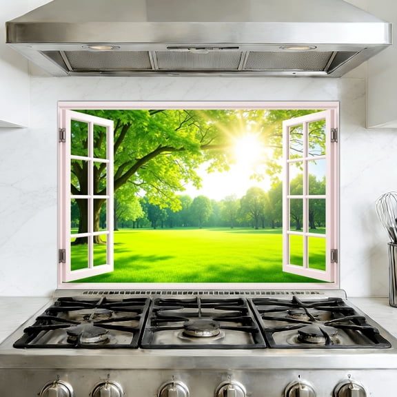 Kitchen Backsplash Peel and Stick Wall Murals Fake Window Faux Window Green Forest Tree Forest Tree Green Open Removable Mural 35.4"W x 23.6"H, Oil Proof Vinyl Wallpaper for Fireplace & Behind Stove