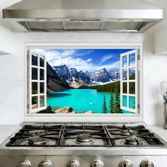 Kitchen Backsplash Peel and Stick Wall Murals Fake Window Faux Window Lake View Open Landscape Natural Scenery Removable Mural 35.4"W x 23.6"H, Oil Proof Vinyl Wallpaper for Fireplace & Behind Stove