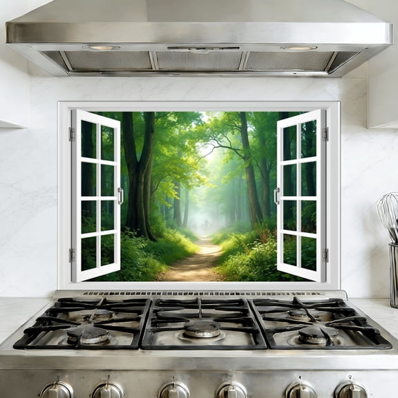 Kitchen Backsplash Peel and Stick Wall Murals Fake Window Faux Window Road Forest View Green Trees Removable Mural 35.4"W x 23.6"H, Oil Proof Vinyl Wallpaper for Fireplace & Behind Stove
