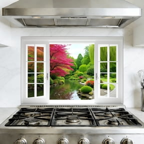 Kitchen Backsplash Peel and Stick Wall Murals Fake Window Garden View Maple Trees Colorful Flowers Japanese Removable Mural 35.4"W x 23.6"H, Oil Proof Vinyl Wallpaper for Fireplace & Behind Stove