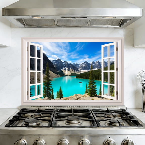 Kitchen Backsplash Peel and Stick Wall Murals Fake Window Mountains Lake View Faux Window Open Landscape Removable Mural 35.4"W x 23.6"H, Oil Proof Vinyl Wallpaper for Fireplace & Behind Stove