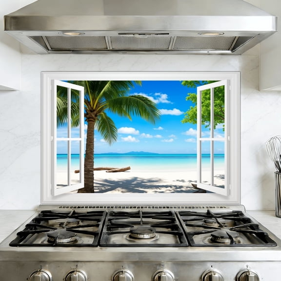 Kitchen Backsplash Peel and Stick Wall Murals Fake Window Tropical Beach Mural Palm Trees White Sandy Beach Removable Mural 35.4"W x 23.6"H, Oil Proof Vinyl Wallpaper for Fireplace & Behind Stove