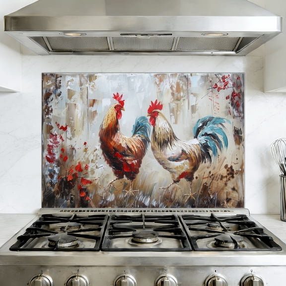 Kitchen Backsplash Peel and Stick Wall Murals Farm Animal Paintings Rooster Hen Vintage Rustic Farmhouse Removable Mural 35.4"W x 23.6"H, Oil Proof Vinyl Wallpaper for Fireplace & Behind Stove