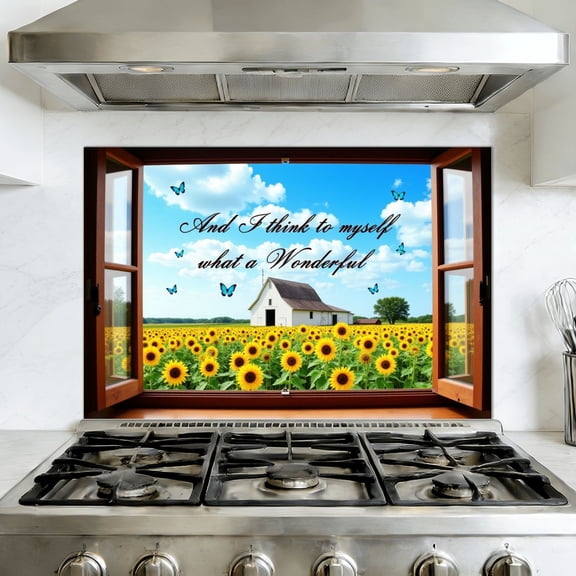 Kitchen Backsplash Peel and Stick Wall Murals Farmhouse Rustic Sunflower Barn Butterfly Removable Mural 35.4"W x 23.6"H, Oil Proof Vinyl Wallpaper for Fireplace & Behind Stove