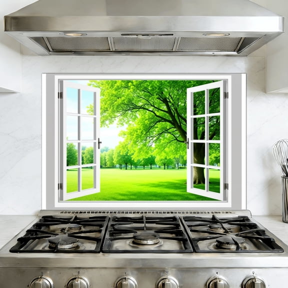 Kitchen Backsplash Peel and Stick Wall Murals Field Green Flowers Nature Wilderness Realism Rustic Removable Mural 35.4"W x 23.6"H, Oil Proof Vinyl Wallpaper for Fireplace & Behind Stove