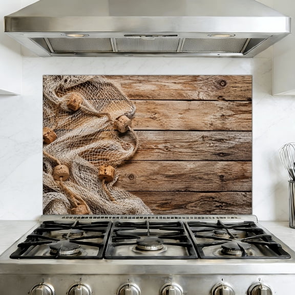 Kitchen Backsplash Peel and Stick Wall Murals Fishing net rustic wooden Removable Mural 35.4"W x 23.6"H, Oil Proof Vinyl Wallpaper for Fireplace & Behind Stove