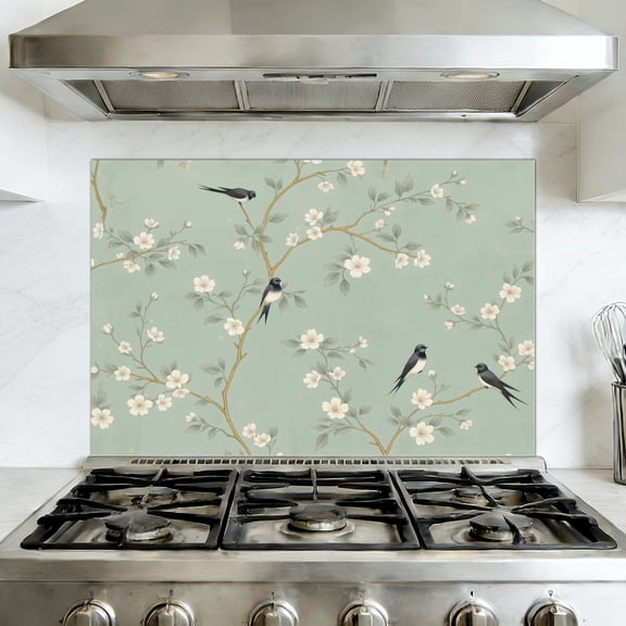 Kitchen Backsplash Peel and Stick Wall Murals Floral Birds Soft Green Removable Mural 35.4"W x 23.6"H, Oil Proof Vinyl Wallpaper for Fireplace & Behind Stove
