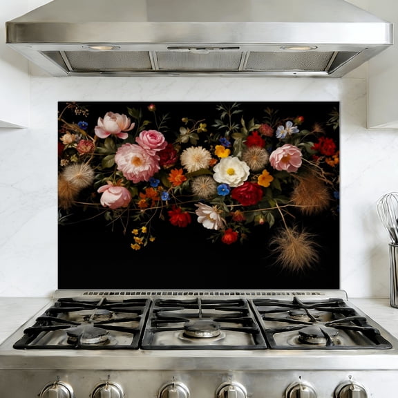 Kitchen Backsplash Peel and Stick Wall Murals Floral Bouquet Border Dark Dramatic Lighting Removable Mural 35.4"W x 23.6"H, Oil Proof Vinyl Wallpaper for Fireplace & Behind Stove