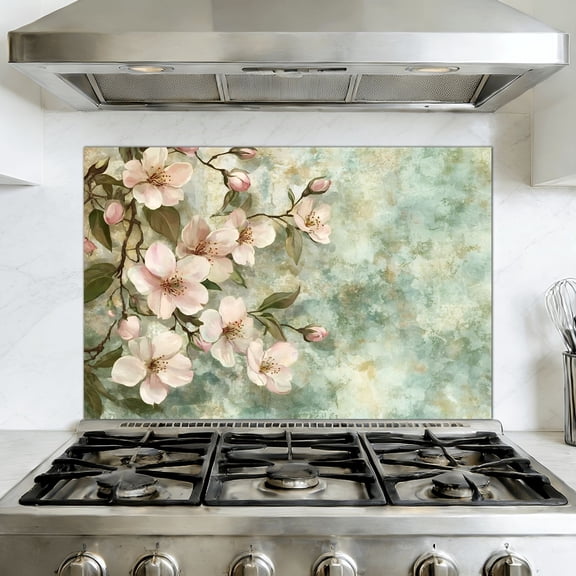 Kitchen Backsplash Peel and Stick Wall Murals Floral Flower Tree Modern Green Decorative Floral Branches Removable Mural 35.4"W x 23.6"H, Oil Proof Vinyl Wallpaper for Fireplace & Behind Stove