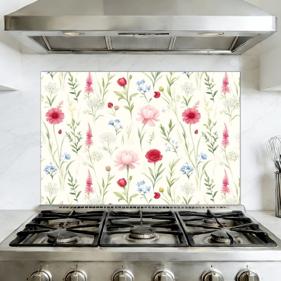 Kitchen Backsplash Peel and Stick Wall Murals Floral Garden Pink White Flowers Light Removable Mural 35.4"W x 23.6"H, Oil Proof Vinyl Wallpaper for Fireplace & Behind Stove