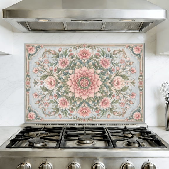 Kitchen Backsplash Peel and Stick Wall Murals Floral Mandala Design Pink Roses Leaves Light Blue Traditional Removable Mural 35.4"W x 23.6"H, Oil Proof Vinyl Wallpaper for Fireplace & Behind Stove