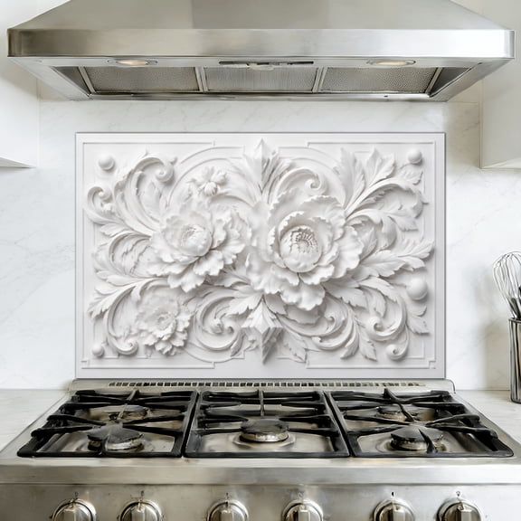 Kitchen Backsplash Peel and Stick Wall Murals Floral Motifs Swirls Embossed Elegant Luxurious 3D Removable Mural 35.4"W x 23.6"H, Oil Proof Vinyl Wallpaper for Fireplace & Behind Stove