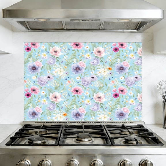 Kitchen Backsplash Peel and Stick Wall Murals Floral Vibrant Roses Lilies Daisies Soft Blue Removable Mural 35.4"W x 23.6"H, Oil Proof Vinyl Wallpaper for Fireplace & Behind Stove