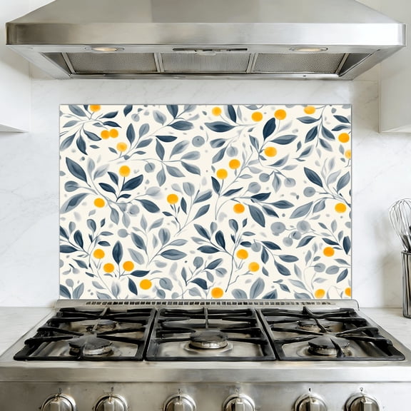 Kitchen Backsplash Peel and Stick Wall Murals Floral Yellow Blooms Blue Leaves Removable Mural 35.4"W x 23.6"H, Oil Proof Vinyl Wallpaper for Fireplace & Behind Stove