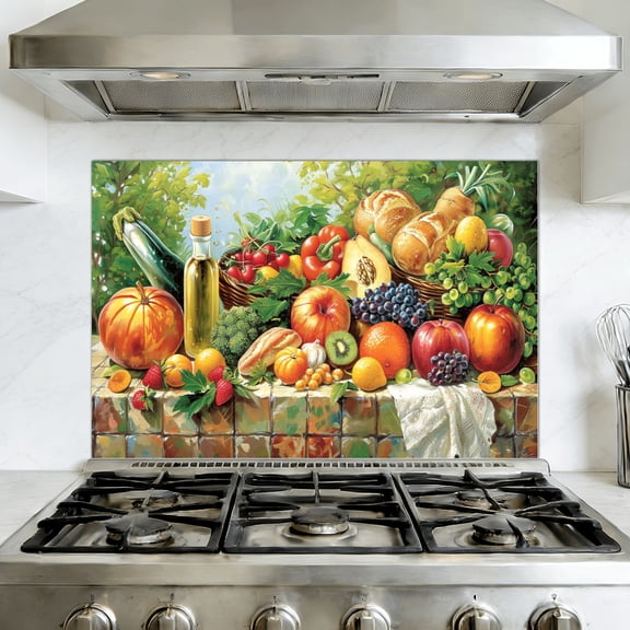 Kitchen Backsplash Peel and Stick Wall Murals Food Fruit Dining Brown Various Fruit Table Removable Mural 35.4"W x 23.6"H, Oil Proof Vinyl Wallpaper for Fireplace & Behind Stove