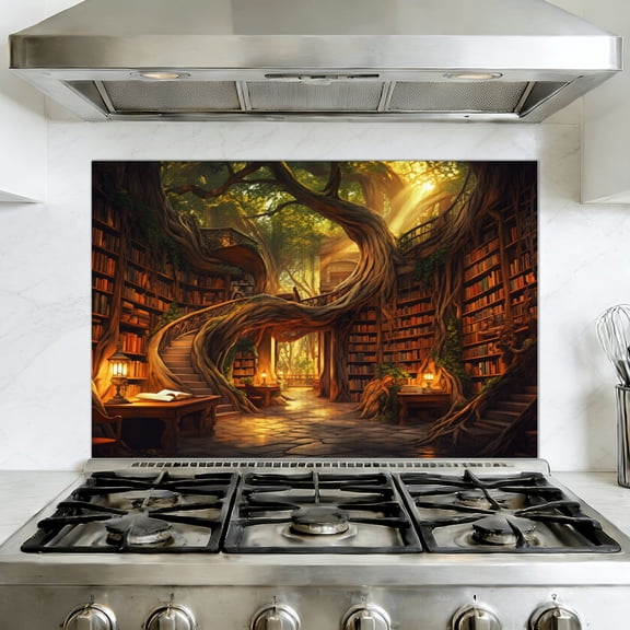 Kitchen Backsplash Peel and Stick Wall Murals Forest Library Tree Bookshelf Vintage Fantasy Fairy Treehouse Removable Mural 35.4"W x 23.6"H, Oil Proof Vinyl Wallpaper for Fireplace & Behind Stove