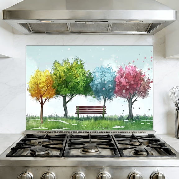 Kitchen Backsplash Peel and Stick Wall Murals Four Seasons Tree Spring Summer Autumn Winter Tree Removable Mural 35.4"W x 23.6"H, Oil Proof Vinyl Wallpaper for Fireplace & Behind Stove