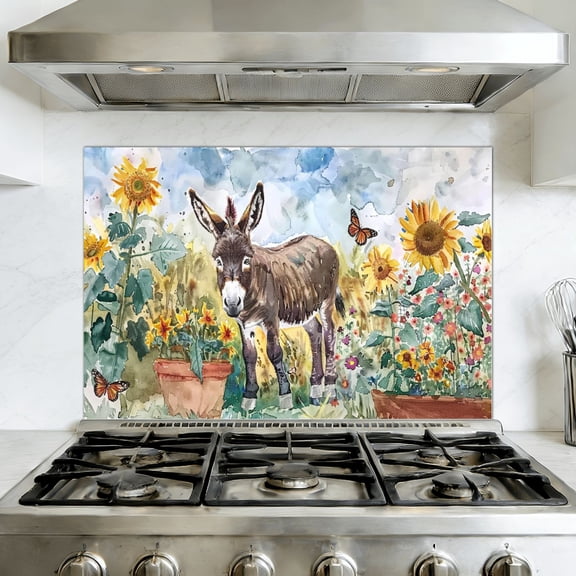 Kitchen Backsplash Peel and Stick Wall Murals Funny Donkey Farmhouse Western Animal Donkey Sunflower Removable Mural 35.4"W x 23.6"H, Oil Proof Vinyl Wallpaper for Fireplace & Behind Stove