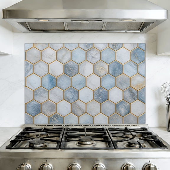 Kitchen Backsplash Peel and Stick Wall Murals Geometric Hexagon Hexagonal Shapes Golden Lines White Repeating 35.4"W x 23.6"H, Oil Proof Removable Vinyl Wallpaper for Fireplace & Behind Stove