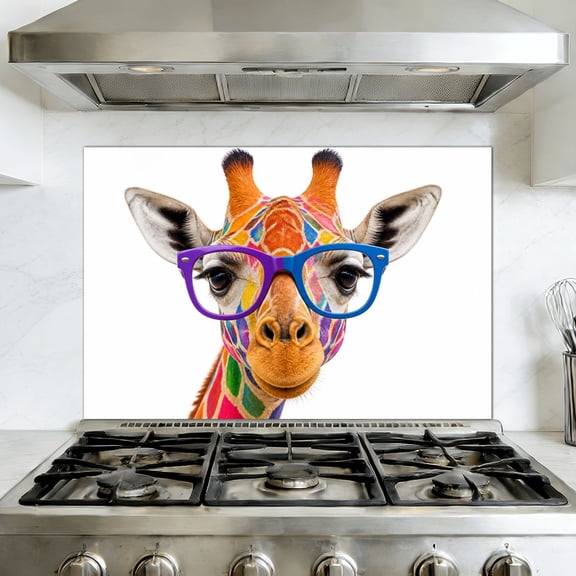 Kitchen Backsplash Peel and Stick Wall Murals Giraffe Oversized Glasses Patterns Animal Portrait Humorous 35.4"W x 23.6"H, Oil Proof Removable Vinyl Wallpaper for Fireplace & Behind Stove