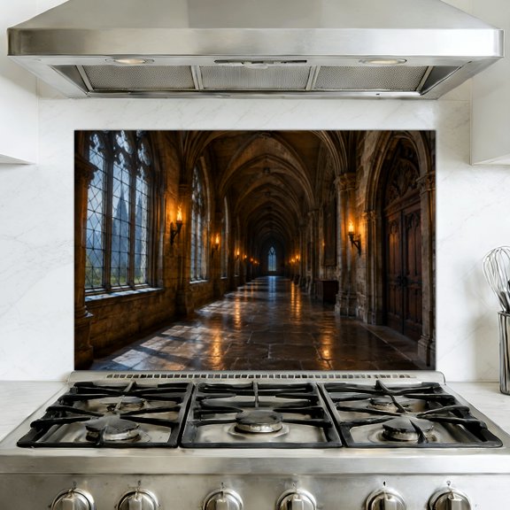 Kitchen Backsplash Peel and Stick Wall Murals Gothic Castle Corridor Illuminated Torches Arched Ceilings Removable Mural 35.4"W x 23.6"H, Oil Proof Vinyl Wallpaper for Fireplace & Behind Stove