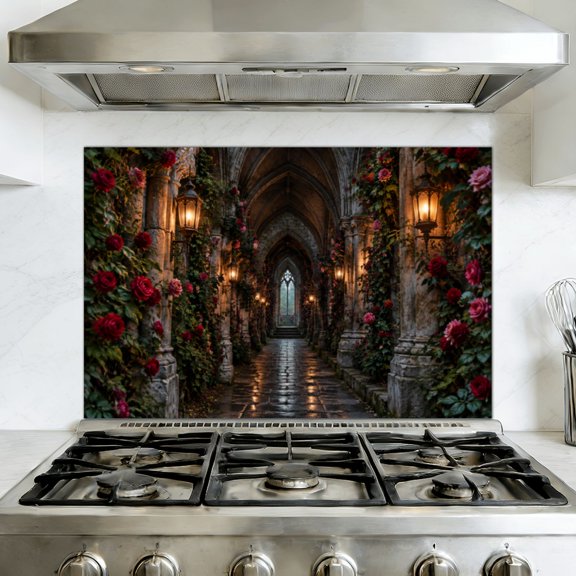Kitchen Backsplash Peel and Stick Wall Murals Gothic Stone Archway Blooming Red Roses Lanterns Dusk Removable Mural 35.4"W x 23.6"H, Oil Proof Vinyl Wallpaper for Fireplace & Behind Stove