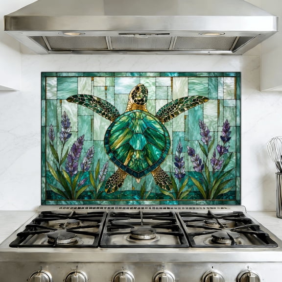 Kitchen Backsplash Peel and Stick Wall Murals Graceful Teal Stained Glass Sea Turtle Illustrated Anemones Removable Mural 35.4"W x 23.6"H, Oil Proof Vinyl Wallpaper for Fireplace & Behind Stove