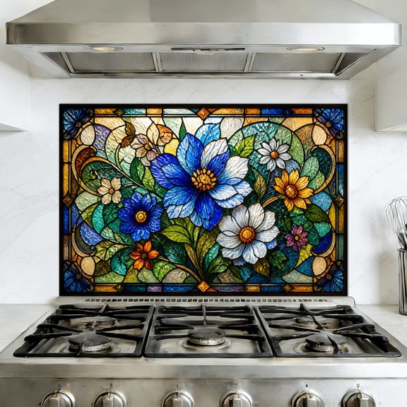 Kitchen Backsplash Peel and Stick Wall Murals Green Blue Gold Stained Glass Wildflowers Removable Mural 35.4"W x 23.6"H, Oil Proof Vinyl Wallpaper for Fireplace & Behind Stove
