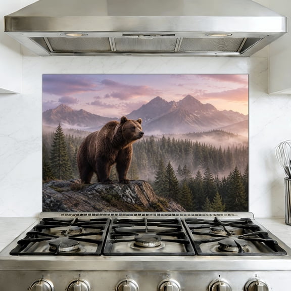 Kitchen Backsplash Peel and Stick Wall Murals Grizzly Bear Forest Rocky Mountain Modern Contemporary 35.4"W x 23.6"H, Oil Proof Removable Vinyl Wallpaper for Fireplace & Behind Stove