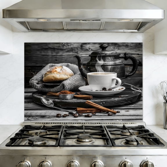 Kitchen Backsplash Peel and Stick Wall Murals Kitchen Warm Coffee Bread Black White Modern Removable Mural 35.4"W x 23.6"H, Oil Proof Vinyl Wallpaper for Fireplace & Behind Stove