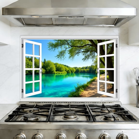 Kitchen Backsplash Peel and Stick Wall Murals Lakes Jungle Faux Window Wall Mural Open White Window River Green Removable Mural 35.4"W x 23.6"H, Oil Proof Vinyl Wallpaper for Fireplace & Behind Stove