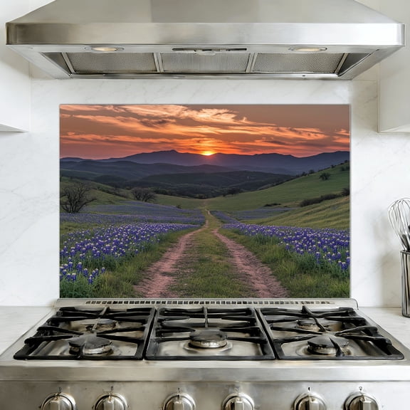 Kitchen Backsplash Peel and Stick Wall Murals Lonhorn Bluebonnet Field Texas Farm Texas Longhorn Removable Mural 35.4"W x 23.6"H, Oil Proof Vinyl Wallpaper for Fireplace & Behind Stove