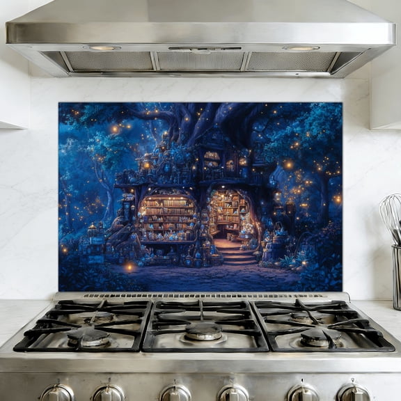 Kitchen Backsplash Peel and Stick Wall Murals Magical Forest Library Ancient Tree Fantasy Removable Mural 35.4"W x 23.6"H, Oil Proof Vinyl Wallpaper for Fireplace & Behind Stove
