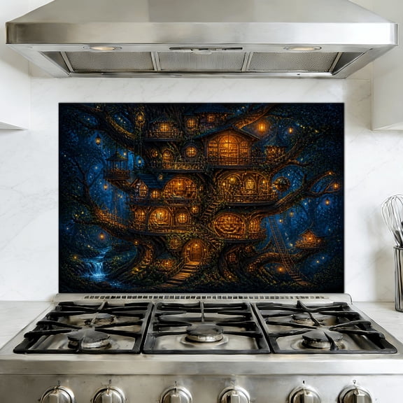 Kitchen Backsplash Peel and Stick Wall Murals Magical Forest Library Shop Built into Ancient Tree Removable Mural 35.4"W x 23.6"H, Oil Proof Vinyl Wallpaper for Fireplace & Behind Stove