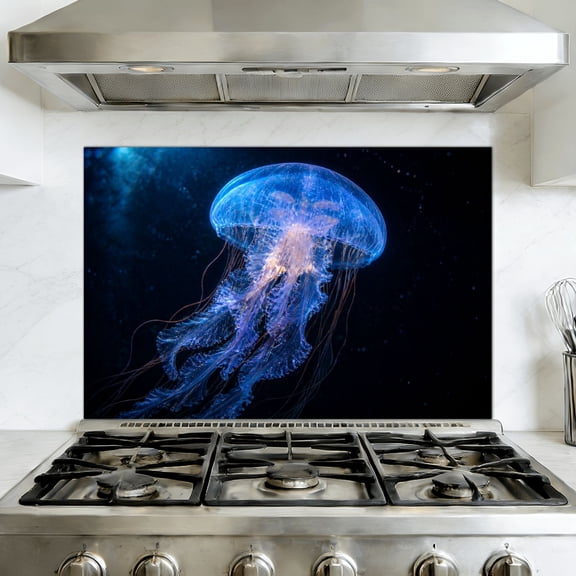 Kitchen Backsplash Peel and Stick Wall Murals Mesmerizing Watercolor Jellyfish Cosmic Ocean Depths Art Removable Mural 35.4"W x 23.6"H, Oil Proof Vinyl Wallpaper for Fireplace & Behind Stove