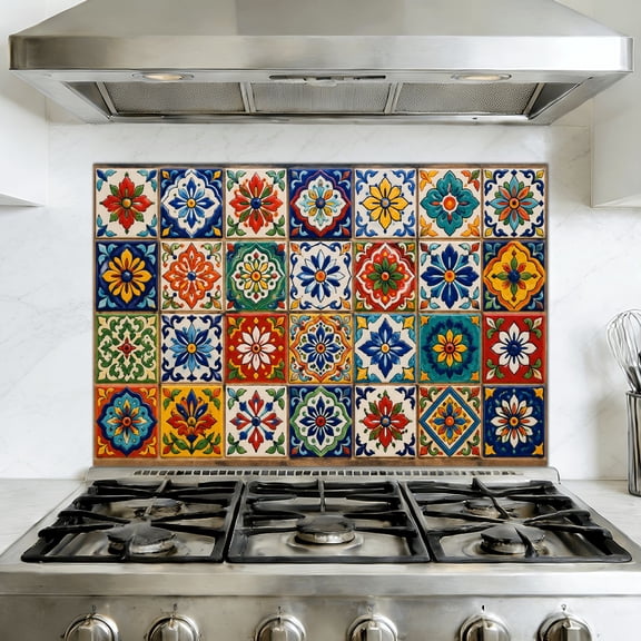 Kitchen Backsplash Peel and Stick Wall Murals Mexican Ceramic Talavera 35.4"W x 23.6"H, Oil Proof Removable Vinyl Wallpaper for Fireplace & Behind Stove