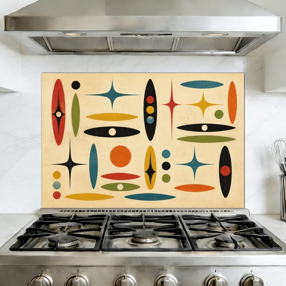 Kitchen Backsplash Peel and Stick Wall Murals Mid Century Retro Atomic Abstract Modern Geometric Colorful Vintage 35.4"W x 23.6"H, Oil Proof Removable Vinyl Wallpaper for Fireplace & Behind Stove