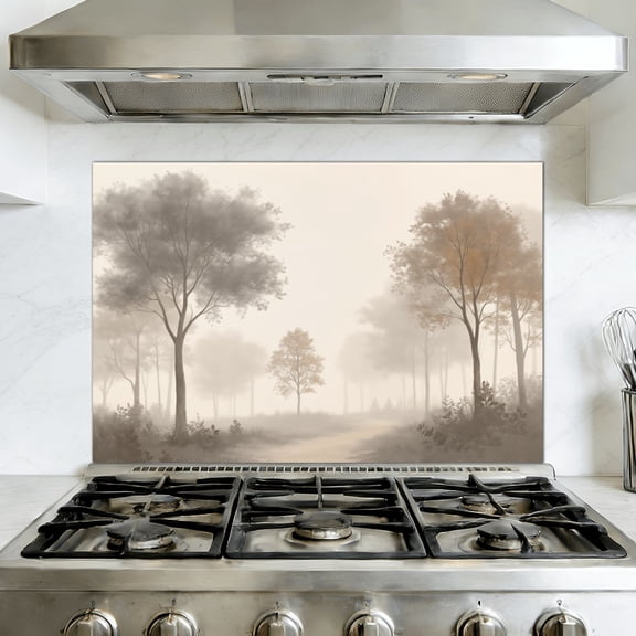Kitchen Backsplash Peel and Stick Wall Murals Misty Forest Landscape Tall Trees Soft Neutral Tones Vintage Removable Mural 35.4"W x 23.6"H, Oil Proof Vinyl Wallpaper for Fireplace & Behind Stove
