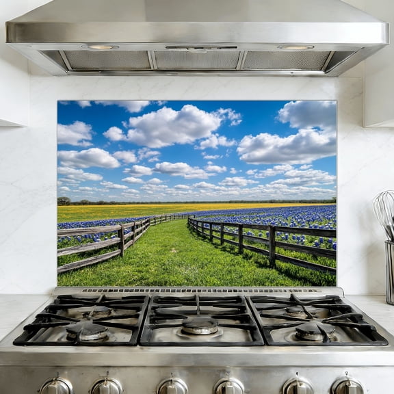 Kitchen Backsplash Peel and Stick Wall Murals Modern Clouds Texas Bluebonnets Landscape Bluebonnet Flowers Removable Mural 35.4"W x 23.6"H, Oil Proof Vinyl Wallpaper for Fireplace & Behind Stove