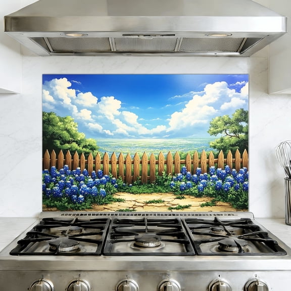 Kitchen Backsplash Peel and Stick Wall Murals Modern Clouds Texas Bluebonnets Landscape Bluebonnet Flowers Removable Mural 35.4"W x 23.6"H, Oil Proof Vinyl Wallpaper for Fireplace & Behind Stove