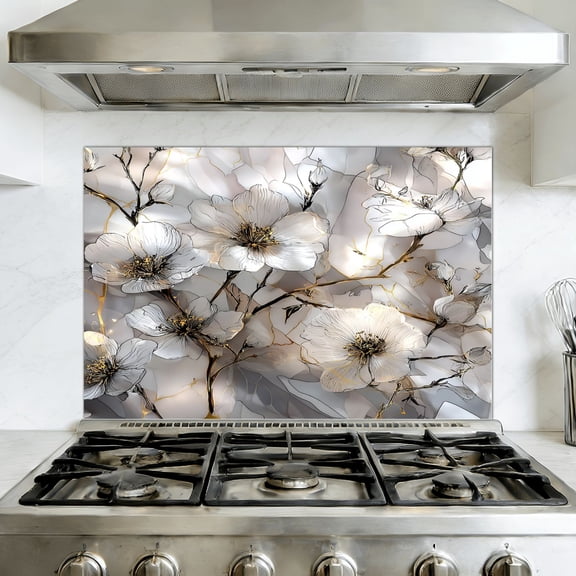 Kitchen Backsplash Peel and Stick Wall Murals Monochrome Floral Removable Mural 35.4"W x 23.6"H, Oil Proof Vinyl Wallpaper for Fireplace & Behind Stove