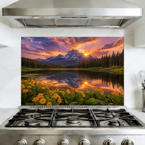 Kitchen Backsplash Peel and Stick Wall Murals Mountain Landscape Sunrise Nature Sunflower Scenery Removable Mural 35.4"W x 23.6"H, Oil Proof Vinyl Wallpaper for Fireplace & Behind Stove