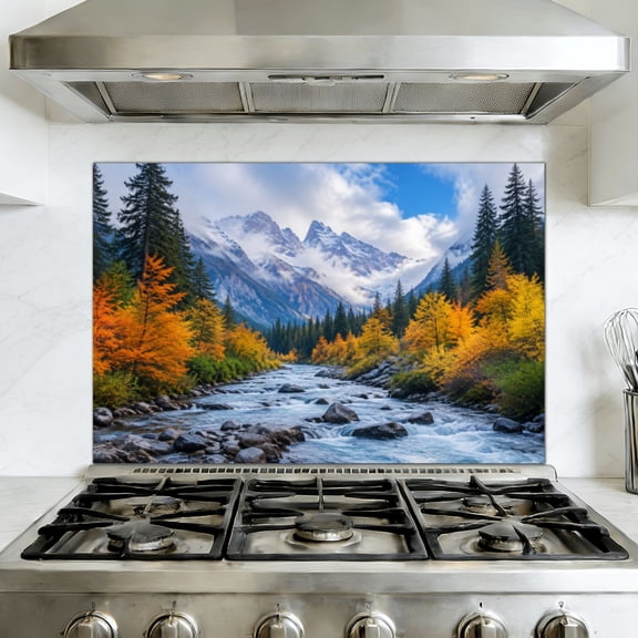 Kitchen Backsplash Peel and Stick Wall Murals Mountain Stream Flowing Dense Forest Autumn Foliage Misty Removable Mural 35.4"W x 23.6"H, Oil Proof Vinyl Wallpaper for Fireplace & Behind Stove